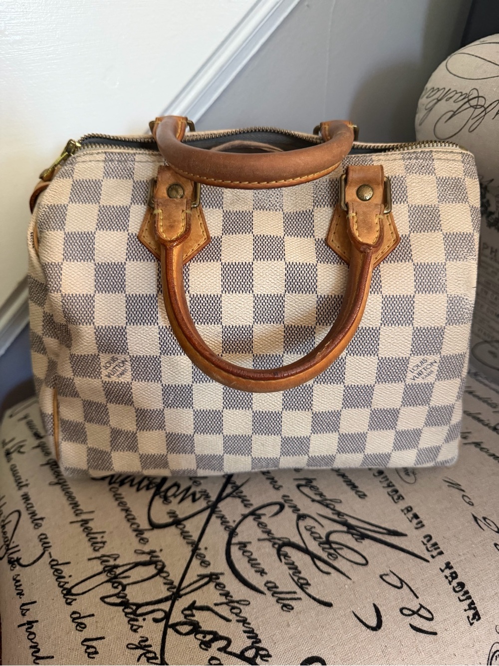 LV AUTHENTIC Cream Checkered Satchel Bag with Brown Leather Handles